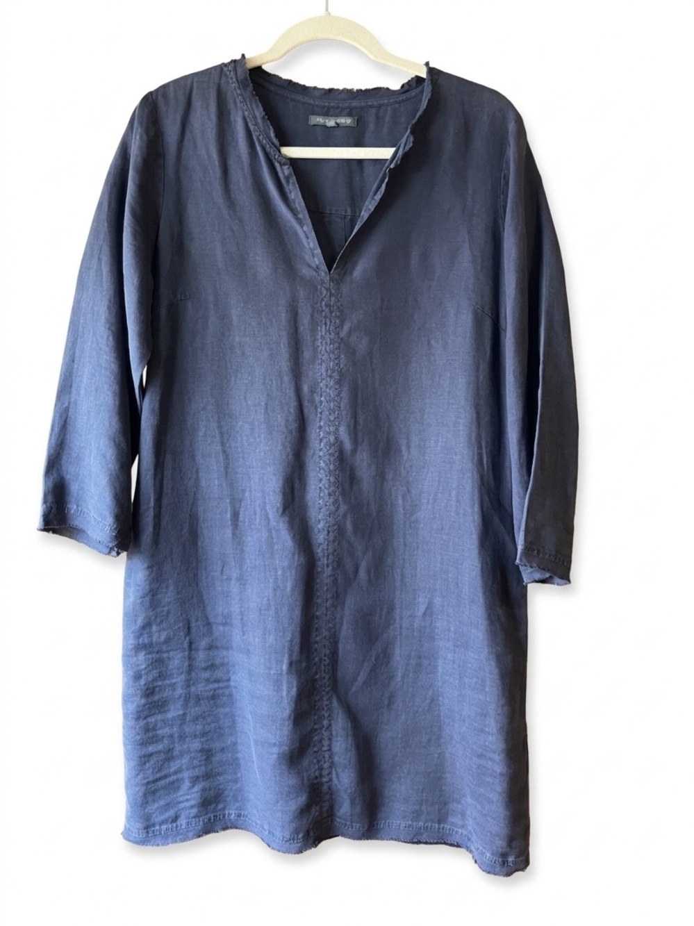 Michael Stars Blue Linen V-Neck Shift Dress M frayed Hem